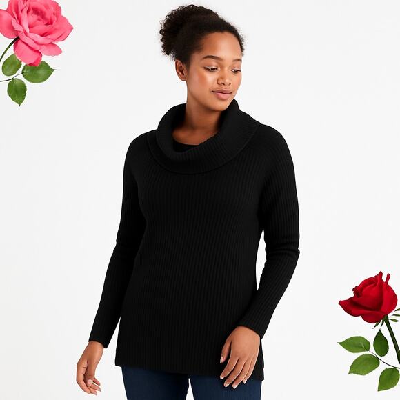 Devotion by Cyrus Women’s Black Cowl Neck Ribbed Tunic Sweater Size Medium NWOT - Picture 1 of 15